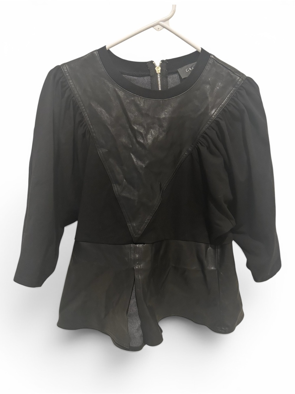 Gracia Black Mixed-Material Puff Sleeve Top with Faux Leather Insets